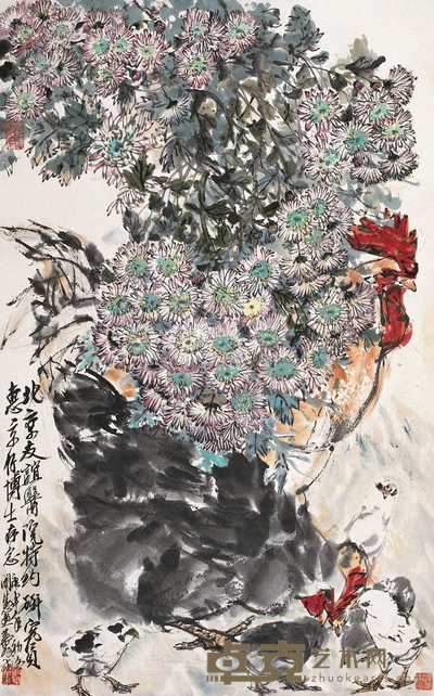 黄胄 郑闻慧 1980年作 菊鸡图 立轴 95.5×59cm